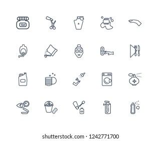 Deodorant, soap dispenser, Nail scissors, Fragance, Lip balm, clippers, Bottle, baby wipe, Bleach, parasite, face cream outline vector icons from 20 set