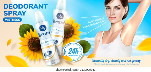 Deodorant spray ads with sunflower fragrance in 3d illustration, a beautiful model applying it svg