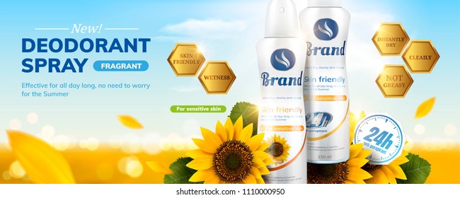 Deodorant spray ads with sunflower fragrance on sparkling bokeh background in 3d illustration svg