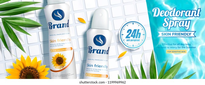 Deodorant spray banner ads with flat lay swimming pool scene in 3d illustration