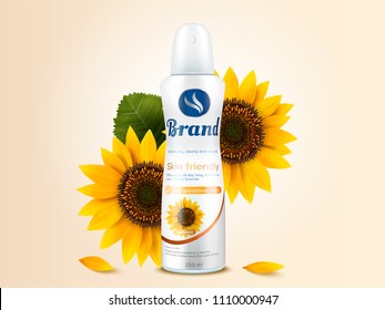 Deodorant spray bottle package design with sunflower fragrance in 3d illustration for design uses svg