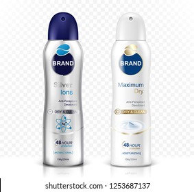 Deodorant spray bottle set on transparent background. Realistic vector illustration