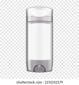 Deodorant stick bottle with clear cap and blank labels on transparent background - realistic vector mockup. Template for design