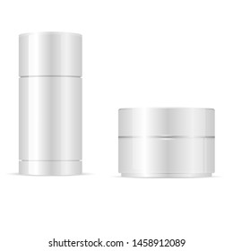 Deodorant Stick, Cream Jar Round Cosmetic Packaging Set. Clear Glossy Plastic Antiperspirant Bottle with Fruit Fragrance Isolated on White. 3d Vector Cosmetic Collection. Makeup Products Blank