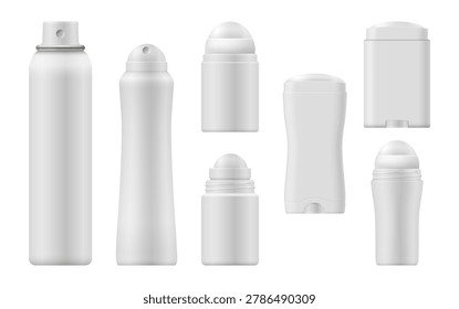 Deodorants set with no lids. Vector isolated realistic sprays, rollons and sticks templates without caps. Cosmetic body fresheners products mockups. Hygiene care and daily use product