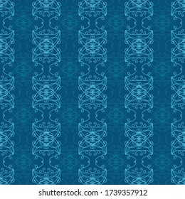 Deorative Abstract Ornamental Seamless Vector Pattern In Blue Colors. Unisex Vertical Surface Print Design. For Fabrics, Elegant Stationery, And Packaging.