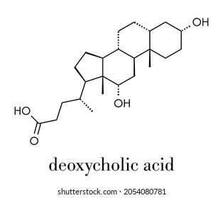 Deoxycholic acid bile acid molecule. Also used as drug. Skeletal formula.