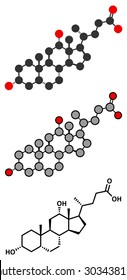Deoxycholic acid bile acid molecule. Also used as drug. Conventional skeletal formula and stylized representations.
