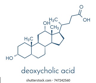 Deoxycholic acid bile acid molecule. Also used as drug. Skeletal formula.