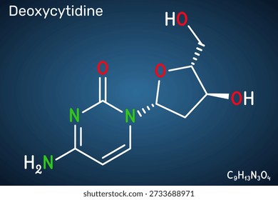 Molécula de desoxicitidina, nucleósido de ADN envolvido na biologia molecular e genética. Fórmula química esquelética. Fundo azul escuro. Ilustração vetorial