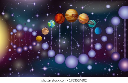 Deoxyribonucleic acid DNA planets solar system, vector illustration