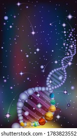 Deoxyribonucleic acid DNA planets solar system, night stars sky, vector illustration