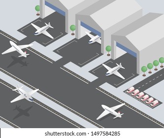 Departing, arriving planes isometric vector illustration. Civil aviation, passenger transportation industry, commercial airline. Modern airfield, airport runway with aircrafts and ambulance cars