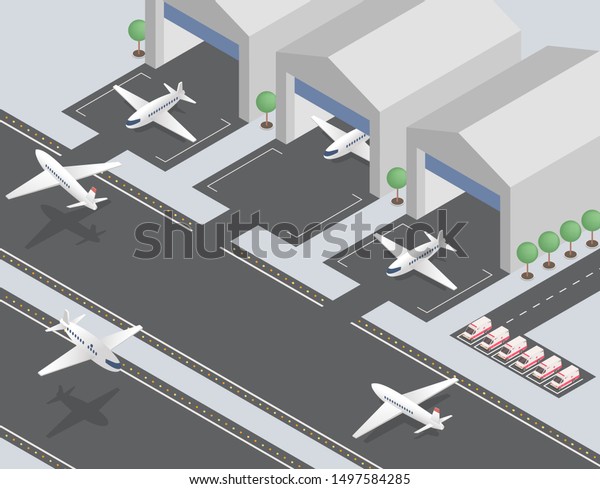Departing, arriving planes isometric vector
illustration. Civil aviation, passenger transportation industry,
commercial airline. Modern airfield, airport runway with aircrafts
and ambulance cars