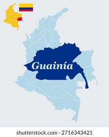 Departamento de Guainía Colombia Mapa con Bandera Región Amazónica Inírida Capital y Fronteras Naturales Vector Outline.earth