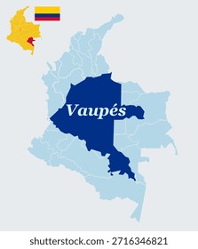 Departamento de Vaupés Colombia Mapa con bandera Región Amazónica Mitu Capital y contorno de Vector remoto de selva tropical
