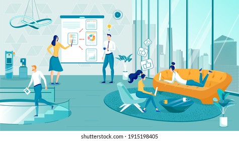 Departamento de Análisis de Datos o Promoción de Seo en Medios Sociales. Personajes de dibujos animados de hombres y mujeres en trabajo de oficina en Internet y análisis de diagramas. Estrategia de marketing en línea. Ilustración de vectores planos.