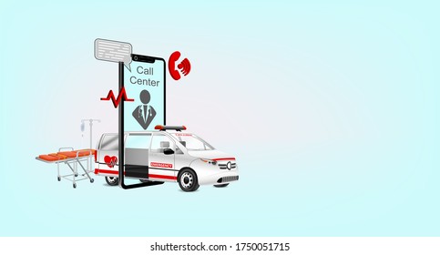 Department emergency medical service call or online by mobile phone. concept help by paramedic team of hospital with professional staff saving lives with stretcher into ambulance urgent car.