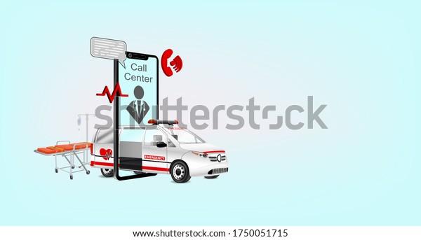 Department emergency medical service call or online\
by mobile phone. concept help by paramedic team of hospital with\
professional staff saving lives with stretcher into ambulance\
urgent car.
