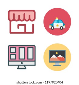 department icon set. vector set about police car, store and monitor icons set.