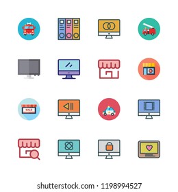 department icon set. vector set about fire truck, stores, store and monitor icons set.