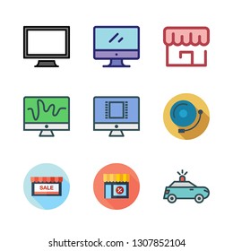 department icon set. vector set about alarm bell, police car, store and monitor icons set.