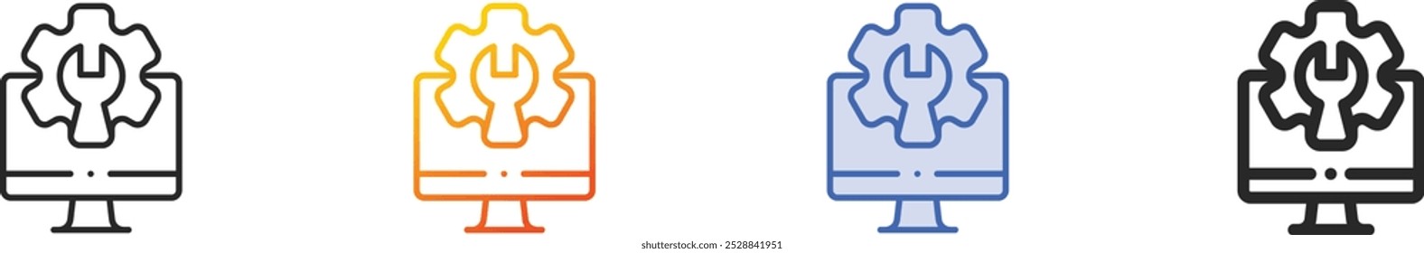 Icono del departamento de TI. Diseño lineal delgado, degradado, trazo azul y estilo atrevido aislado sobre fondo blanco