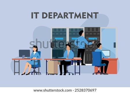 IT Department Office with Team and Server Room 2d flat vector illustration