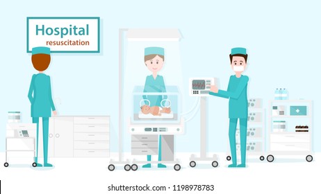 Department of Pediatric Resuscitation. Baby is Examined in Intensive Care. Pediatric Resuscitation and Baby Vector Cartoon Illustration for Pediatrics Medicine. Doctor Caring for Health of Child.