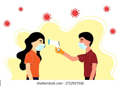Department store employees wear health masks and are using thermometer with customers.Women and men wear masks.Coronavirus epidemic.Coronavirus.Vector illustration.