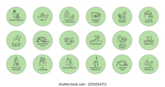 Department store food icon set in hand drawn style for online store