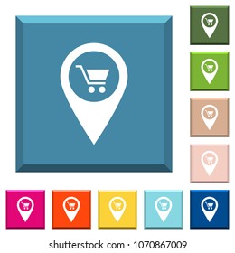 Department store GPS map location white icons on edged square buttons in various trendy colors