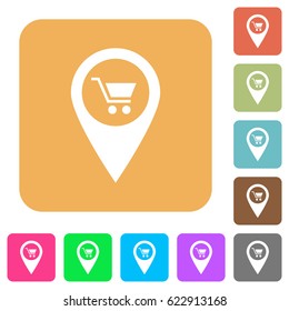 Department store GPS map location flat icons on rounded square vivid color backgrounds.