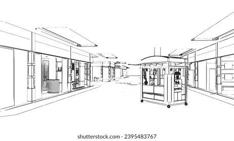 department store hall space line drawing Store page of products and services,3d rendering