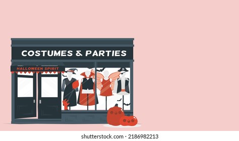 Department store with Halloween costumes. decorations and costumes displayed. Halloween Masks in a retail store. Sale products arranged on shelves.