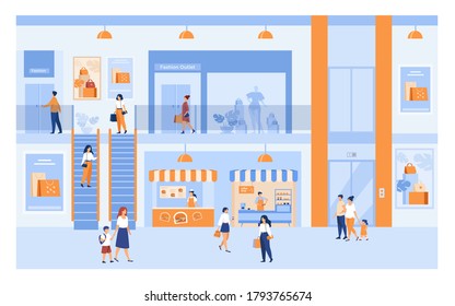 Department store interior with customers. People shopping in city mall, walking through building halls past windows, carrying bags. For market, sale, discount concepts.