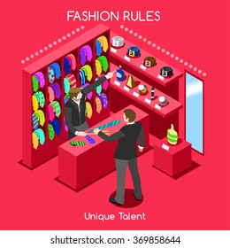 Department Store Interior. Isometric Flat Retail Shopping Department. 3D Isometric Fashion People Man Business Dressing Store Room.Fashion Clothing Shoes Shopping Fashion Infographic Vector Image.