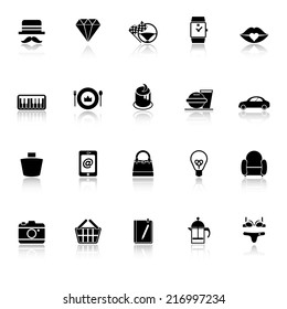 Department store item category icons with reflect on white background, stock vector