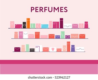 Department store with the shelves full of perfumes. Beautiful color palette. Vector flat design with the outline style elements. 