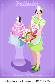 Department Store Wedding Cake Sweets Candies Cupcakes. Isometric People 3D Flat Set Pastry Products Department. Wedding Catering Food Store and Confectionery Cake Symbol Vector Illustration.