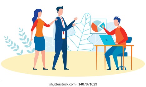 IT Department Worker Behind Desk Flat Illustration. Human Resources Department Work Cartoon. Colleagues Having Casual Conversation. Workplace Relationship, Confrontation. Boss and Employee