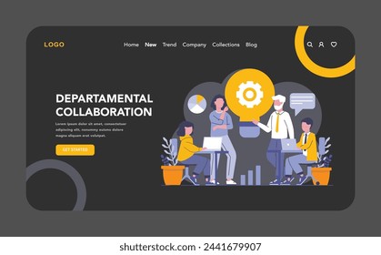 Departmental collaboration night or dark mode web or landing page. Cross-functional team brainstorming to align marketing, production, and sales for cohesive product strategy. Vector illustration.
