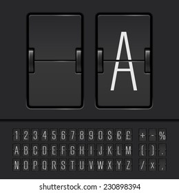 Departure analog airport board font on black background. Vector airport board font. Realistic flip scoreboard airport template. Airport countdown board alphabet and numbers. Arrival board abc