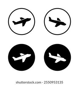 Departure and arrival airplane icon on black circle. Plane take off and landing sign symbol