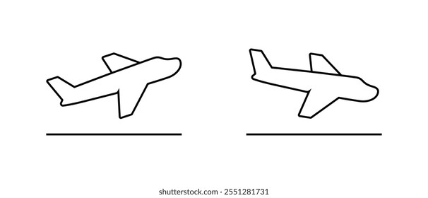 Departure and arrival airplane outline icon. Take off and landing plane line sign symbol. Flight concept