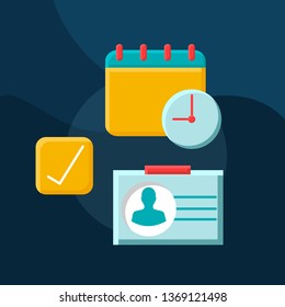 Departure and arrival date flat concept vector icon. Hotel booking idea cartoon color illustrations set. Travel scheduling, calendar. Appointment planning. Key card. Isolated graphic design element
