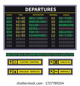 Departure board. Airport board announcement of canceled and delay flight or train departure. Led screen timetable with digital font for station destination departure. Airport infographic sign set.
