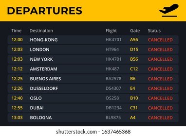Departure board with all flights cancelled status. Airport schedule template with all flight info: time, destination, gate. Electronic board concept for railway and bus station . Vector illustration.