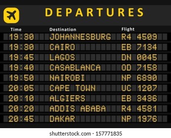 Departure board - destination airports. Busiest airports in Africa: Johannesburg, Cairo, Lagos, Cape Town, Nairobi, Casablanca, Algiers, Addis Ababa and Rabat.