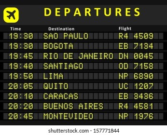 Departure board - destination airports. Busiest airports in South America: Sao Paulo, Bogota, Rio de Janeiro, Santiago, Lima, Quito, Caracas, Buenos Aires and Montevideo.